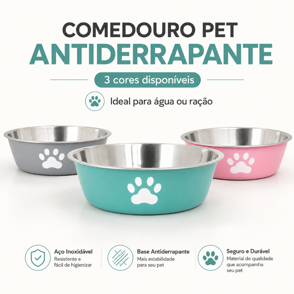 Pote Comedouro Para Cachorro e Gato Antiderrapante Bebedouro Pet Alumínio Inox