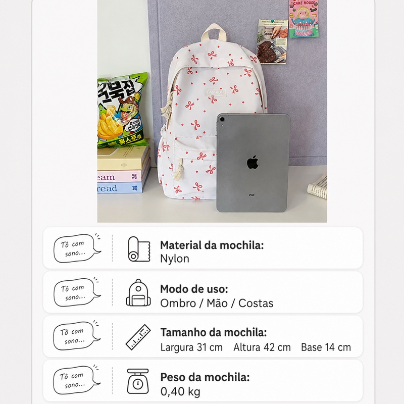 Mochila Escolar Feminina Estilo Japonês Estampada com Laços Grande Capacidade Leve para Escola — imagem 2 de 2