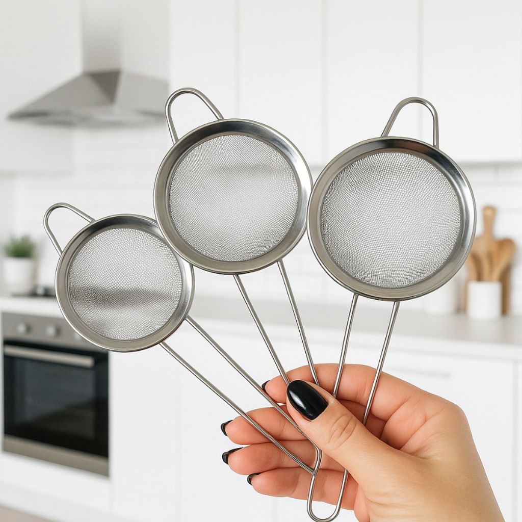 Kit 3 Peneiras Coador em Aço Inox com Cabo para Cozinha 8cm 10cm e 12cm Peneiras Metal Duhome · foto 2