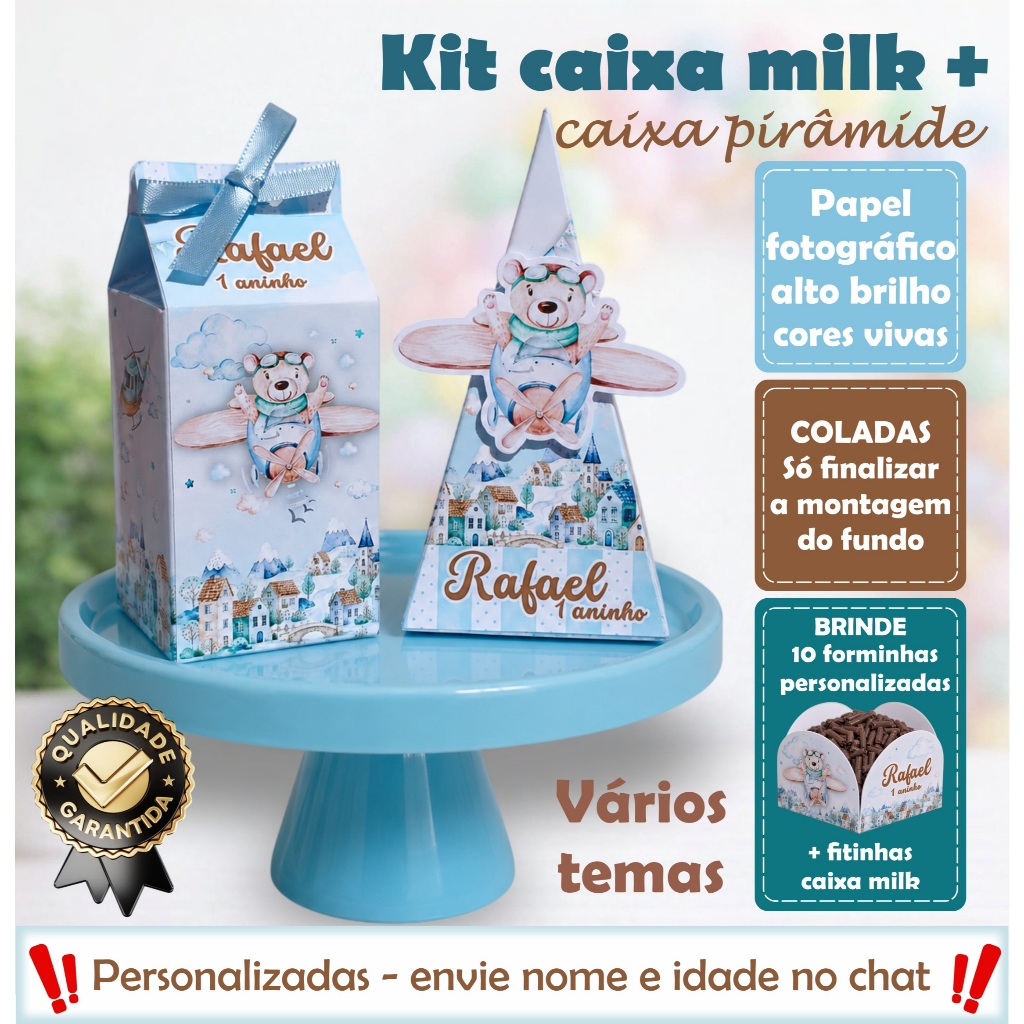 Kit Festa Personalizada 10 caixa milk + 10 pirâmide  ursinho aviador - Lembrancinhas - decoração - todos os temas