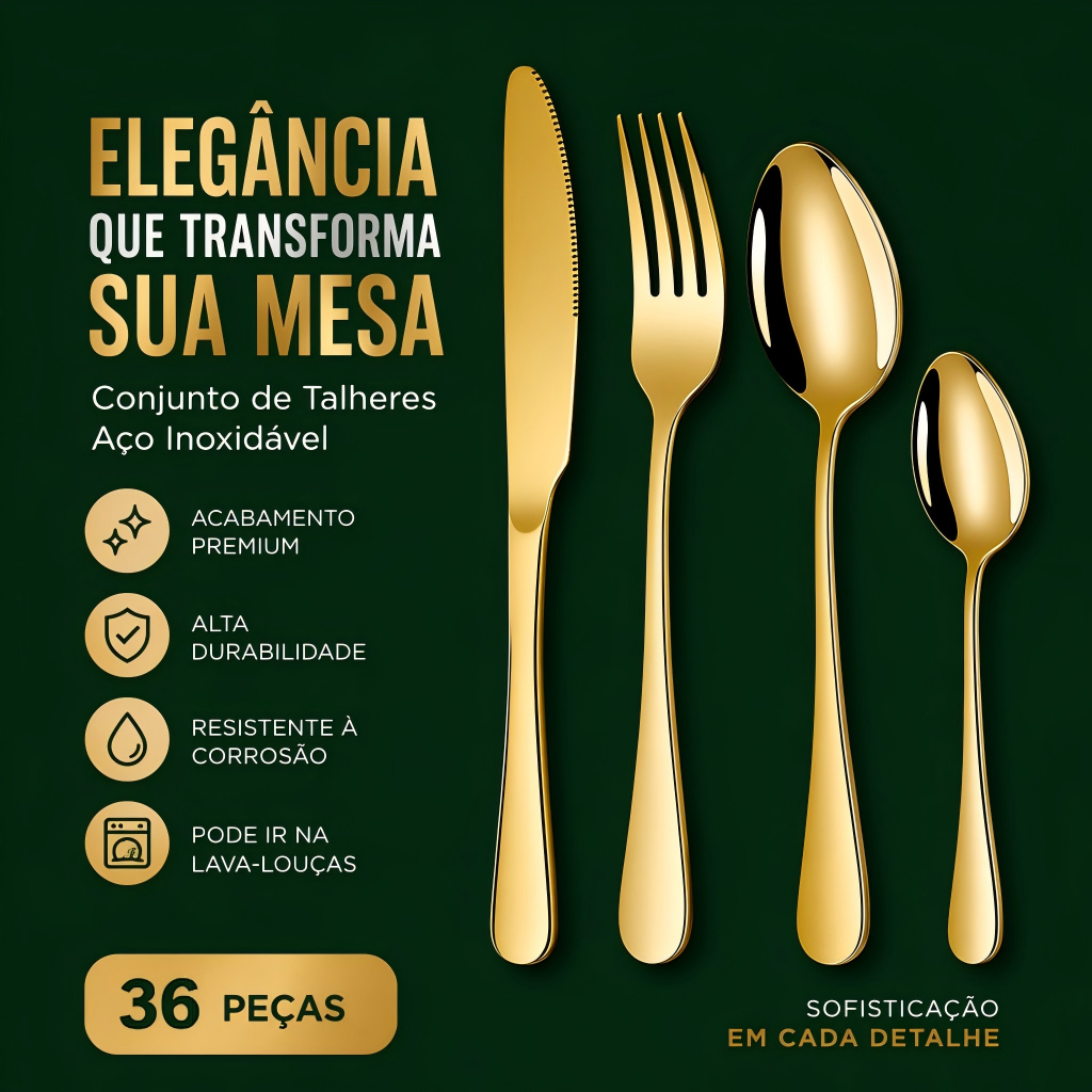 36/24 Peças Talheres de Aço Inox Dourada Garfo Colher Faca Faqueiro Casa e Decoração