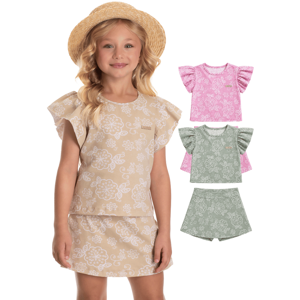 Conjunto Infantil Feminino Blusa Cropped Manga Franzida Short Saia Algodão Tamanhos 4 6 8