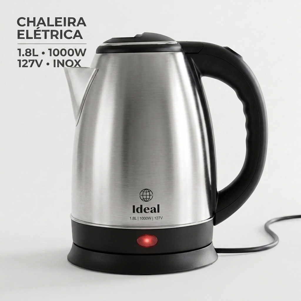 Chaleira Eletrica 1,8 Litros 127V Alta Potencia 1000W Inox Rapido Aquecimento Ferve Água Chá Café Toque Frio