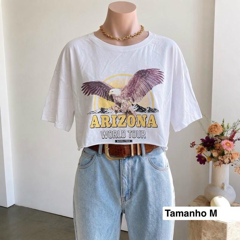 T-Shirt Cropped Estampado Country Feminina Tamanho M Casual Chic Estilosa Confortável Moda Atual Dia a Dia Versátil
