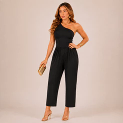Macacão Midi Um Ombro Só Feminino no Suplex Premium Elegante Casual Festa