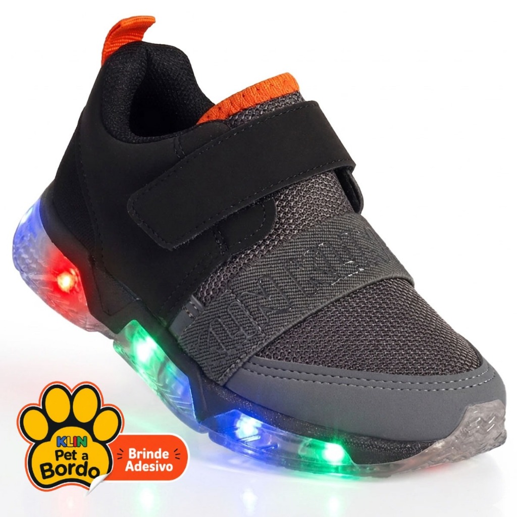 Tênis Infantil Klin Light Menino com LED Fechamneto em Elástico e Tira Aderente - Preto