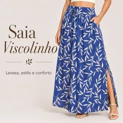 Saia Longa Estampada Folhas Viscolinho Fenda Lateral Bolso Casual Fashion