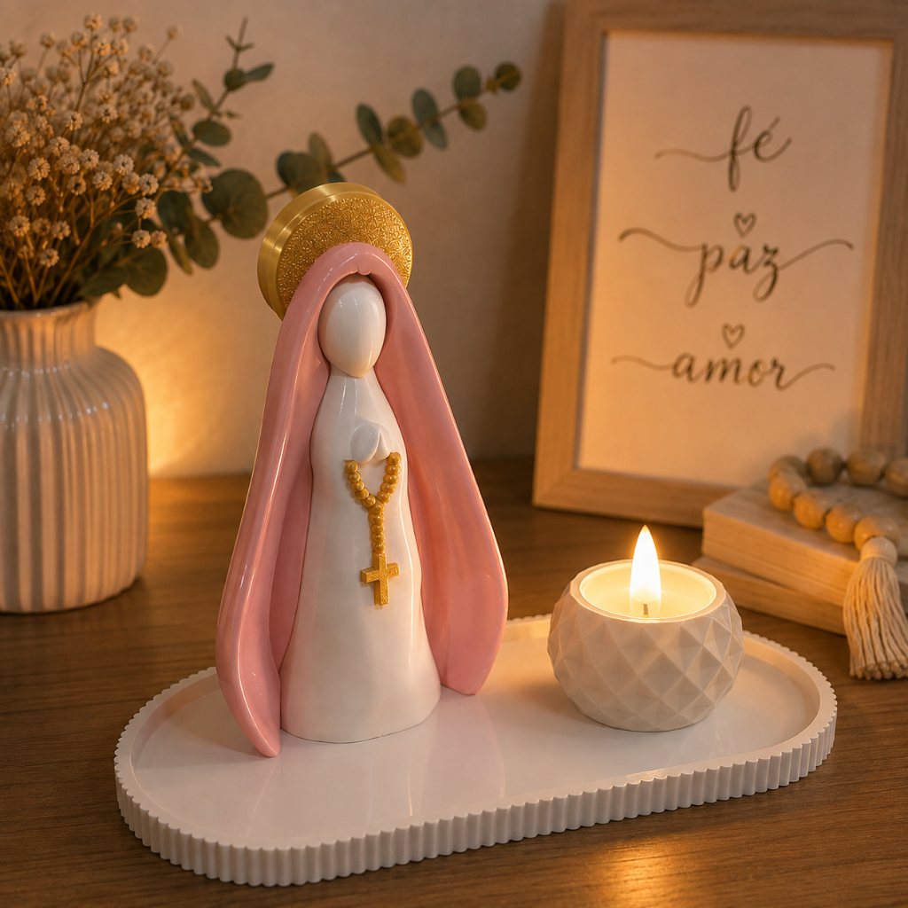 Nossa Senhora Decorativa com Bandeja, Porta Vela e Vela LED