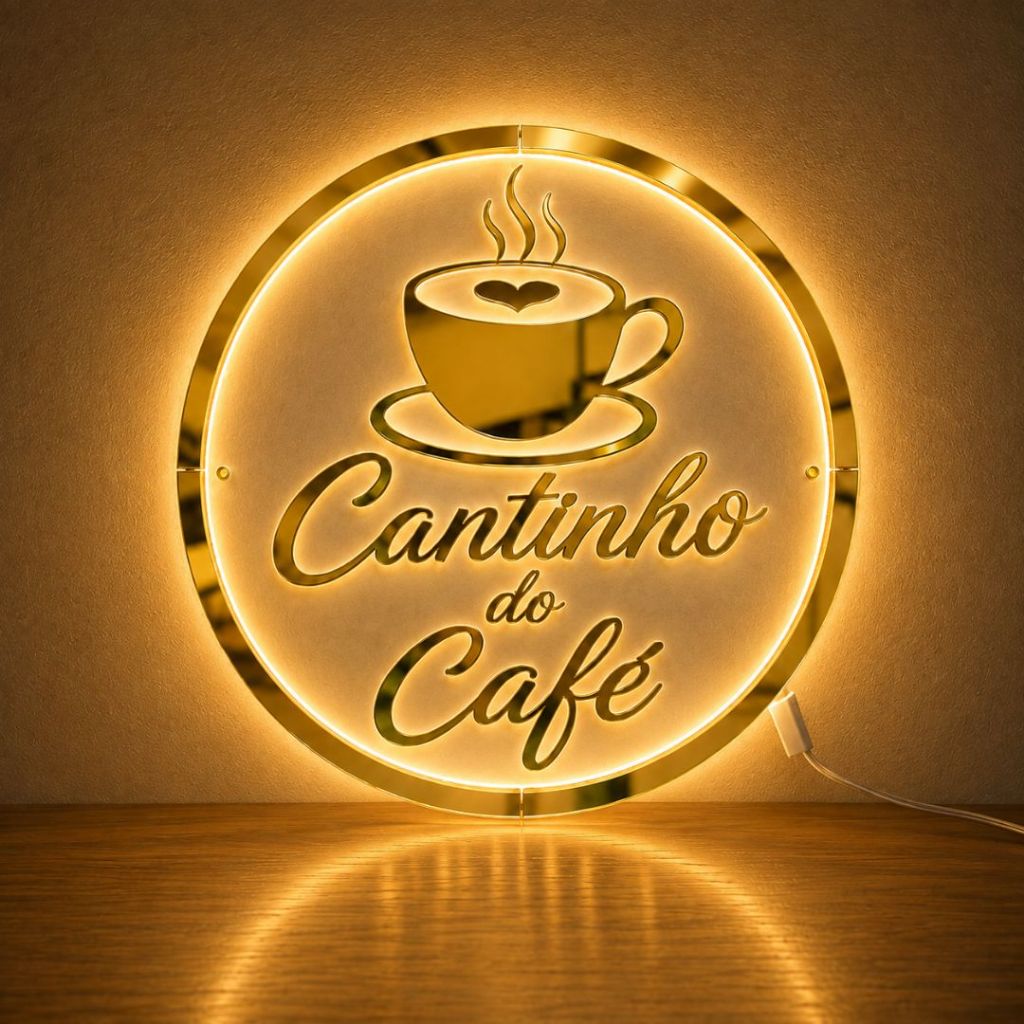 Luminária decorativa Cantinho do Café - 30x30cm Acrílico dourado espelhado neon LED