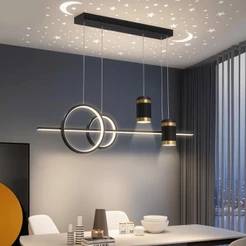 Luminária Pendente LED Moderna – Tricolor, Efeito Céu Estrelado, Ajustável, Ferro Preto e Dourado
