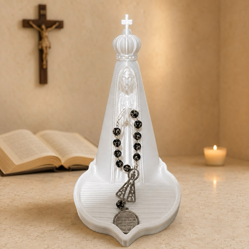 Porta-Terço Nossa Senhora Aparecida 17cm Imagem Católica Santinha com Bandeja para Altar e Decoração Religiosa