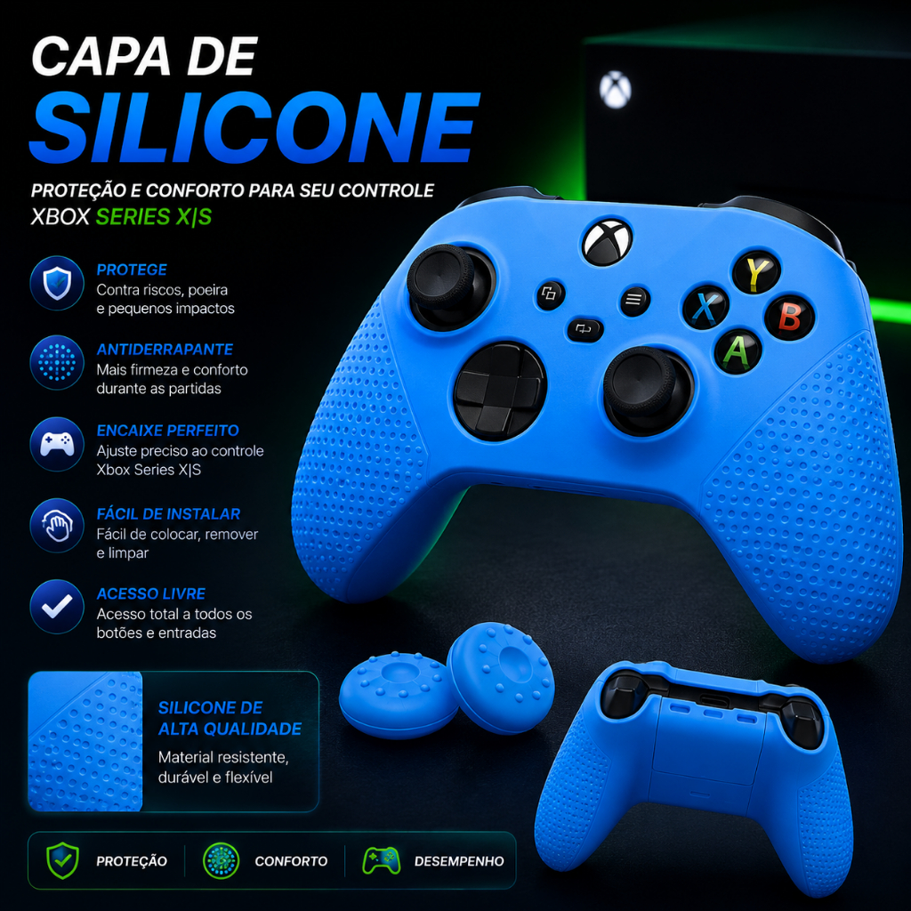 Capa Case Skin Silicone para Controle Xbox Series X S Proteção Antiderrapante + 2 Grips Analógico