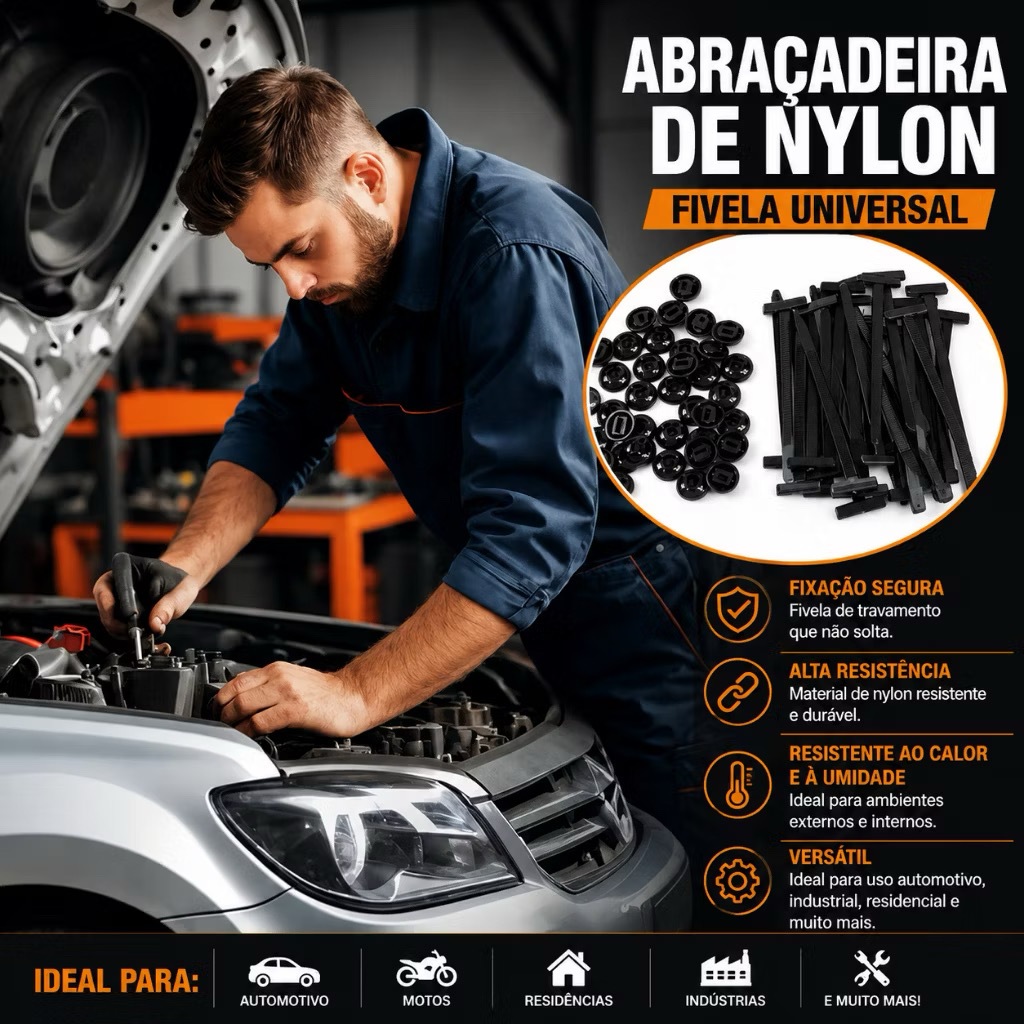 Kit 100/50/20 Abraçadeira Nylon Enforca Gato com Trava e fivela tipo T Automotivo Para Choque Para Lama Universal — imagem 2 de 2