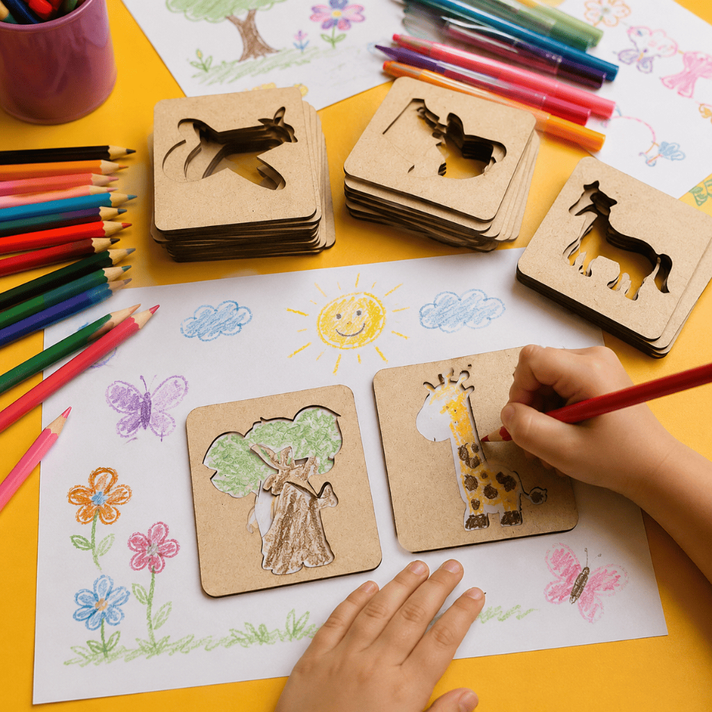 Stencil Desenhos Infantis Kit Moldes Mdf 7,5x7,5cm Pintura Educativa - 20 Unidades