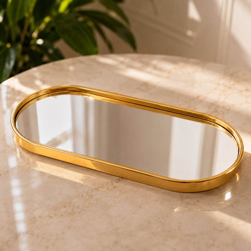 Bandeja Decorativa Espelhada Dourada Luxo para Lavabo Banheiro Sala Perfumes Maquiagem Joias