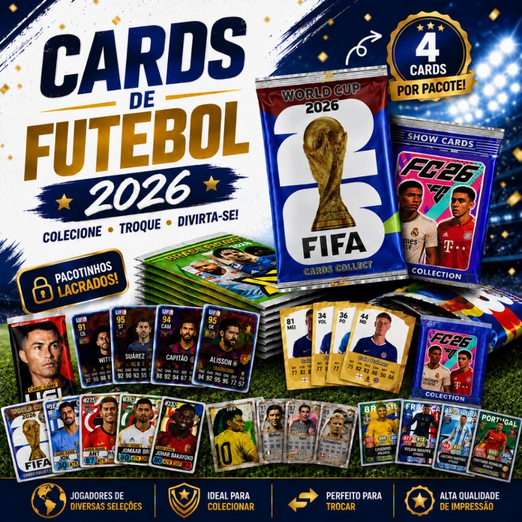 Cards de Futebol 2026 Colecionáveis | Pacotes com 50, 100 ou 200 Cards