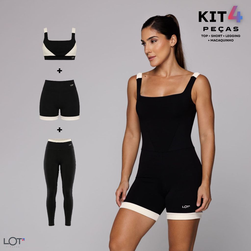 Kit Feminino Academia Macaquinho + Top + Legging + Short Recorte Texturizado Off-white Poliamida