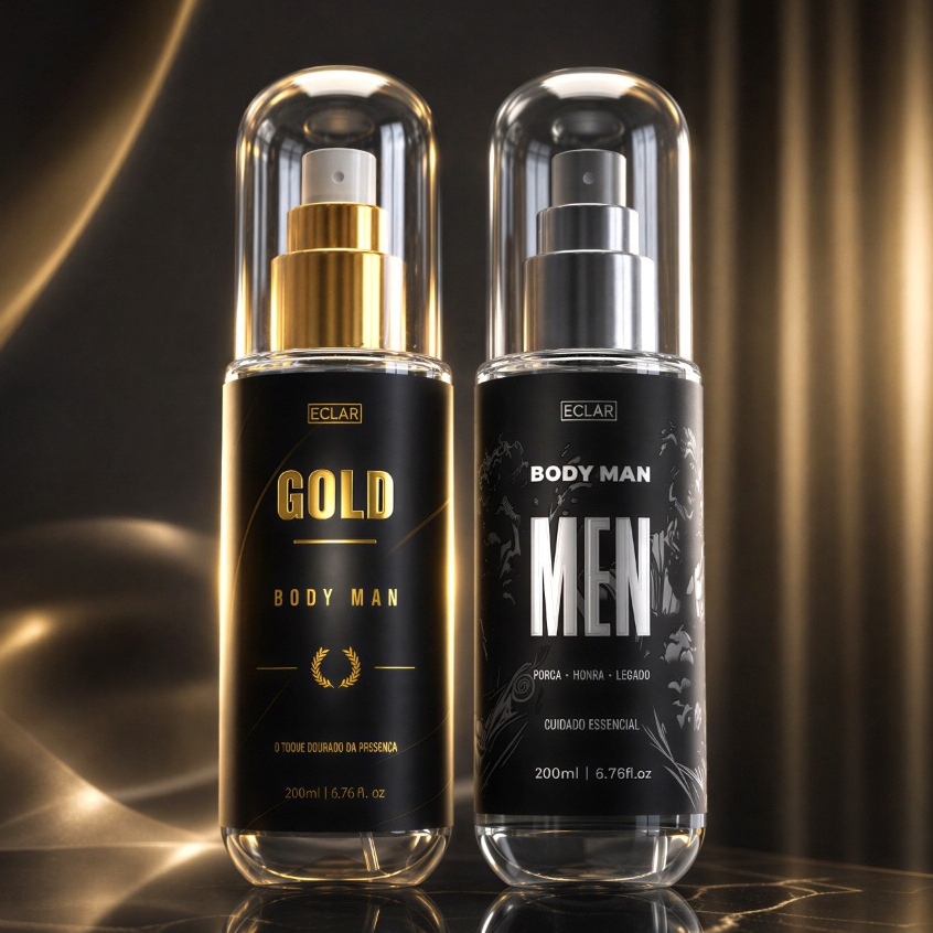 Kit Com 2 Body Splash Masculino Gold + Men 200ml Perfume Corporal Fresco Amadeirado Alta Fixação