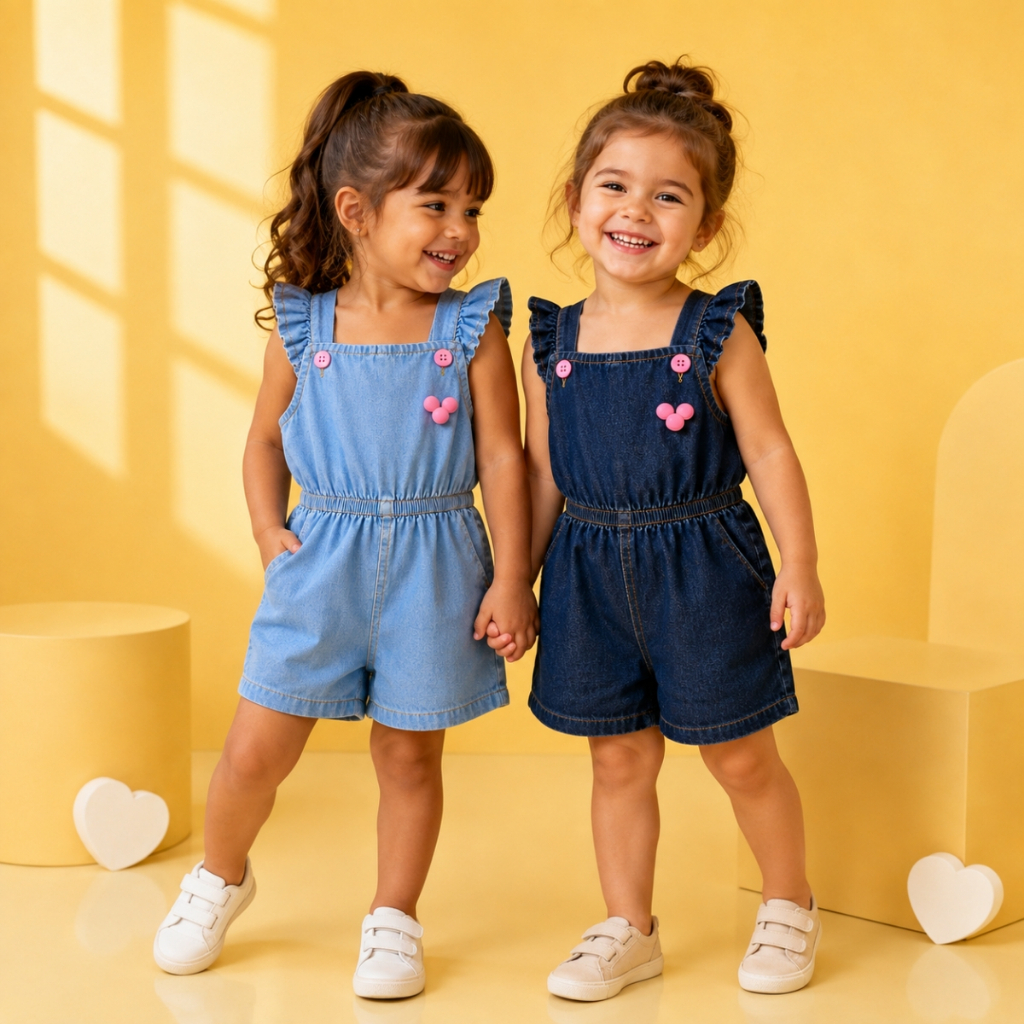 Jardineira Jeans Infantil Menina 1 a 4 Anos Roupa Jeans Confortável Leve Ajustável Look Fofo Moda Bebê Promoção