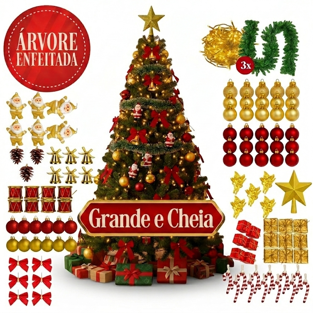 Arvore de Natal Decorada Grande 1,20/ 1,50 / 1,80 / 2,10 / 2,40 Cheia Vários Tamanhos 2mts Enfeitada