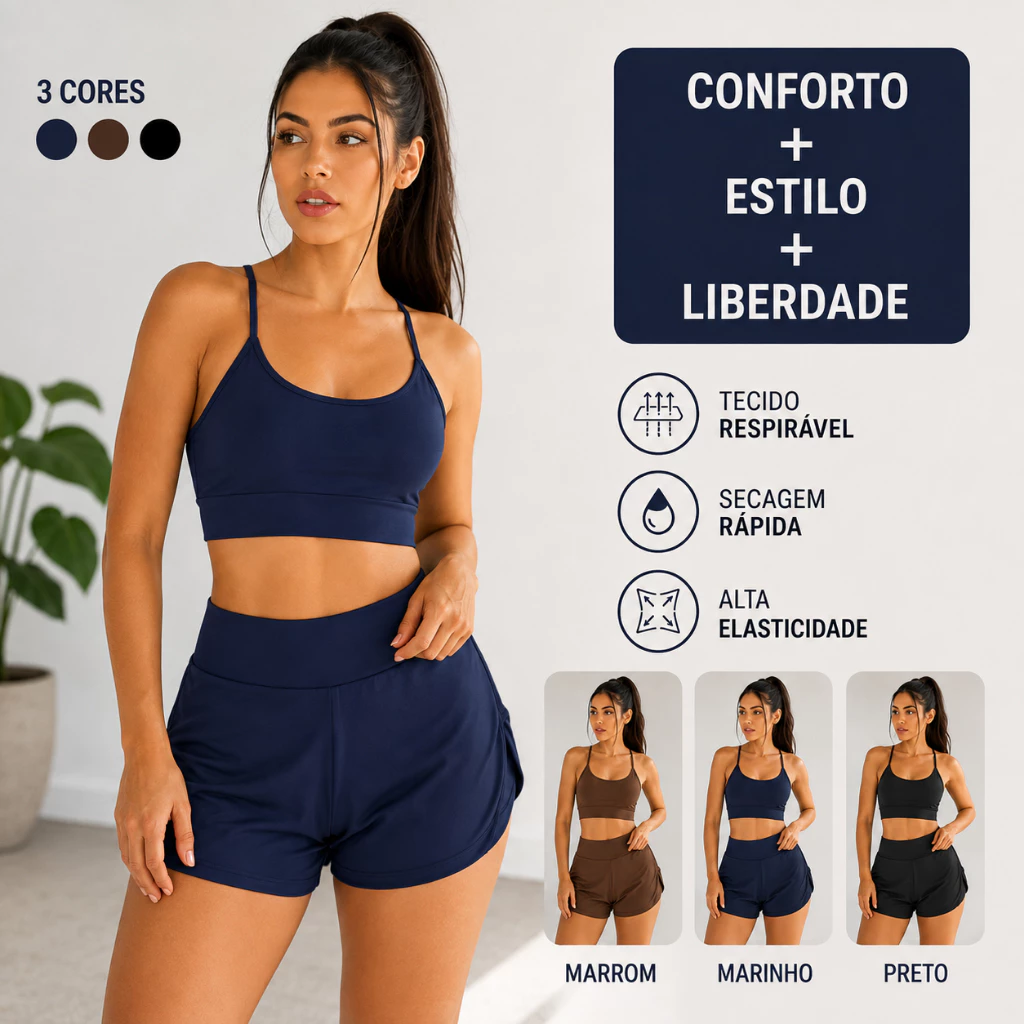 Conjunto Short Academia Feminino Duplo Dry fit Cintura Alta Empina Bumbum