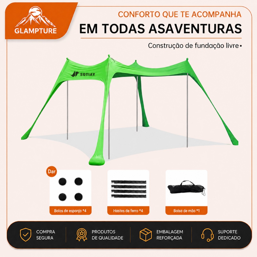 glampture Tenda Praia Elastica 3x3m Barraca Acampamento Guarda Sol UV Impermeavel Dossel Ar Livre
