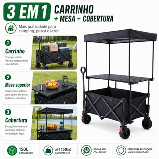 Carrinho Dobrável Multiuso 3 em 1 150L com Mesa e Toldo para Camping, Praia, Pesca e Compras - Suporta 150kg