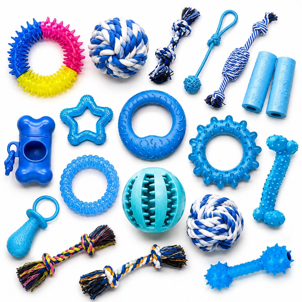 Kit 19 Brinquedos para Cachorros de Pequeno Médio Porte Ossinho Bolinha Cordas Haltere Pet