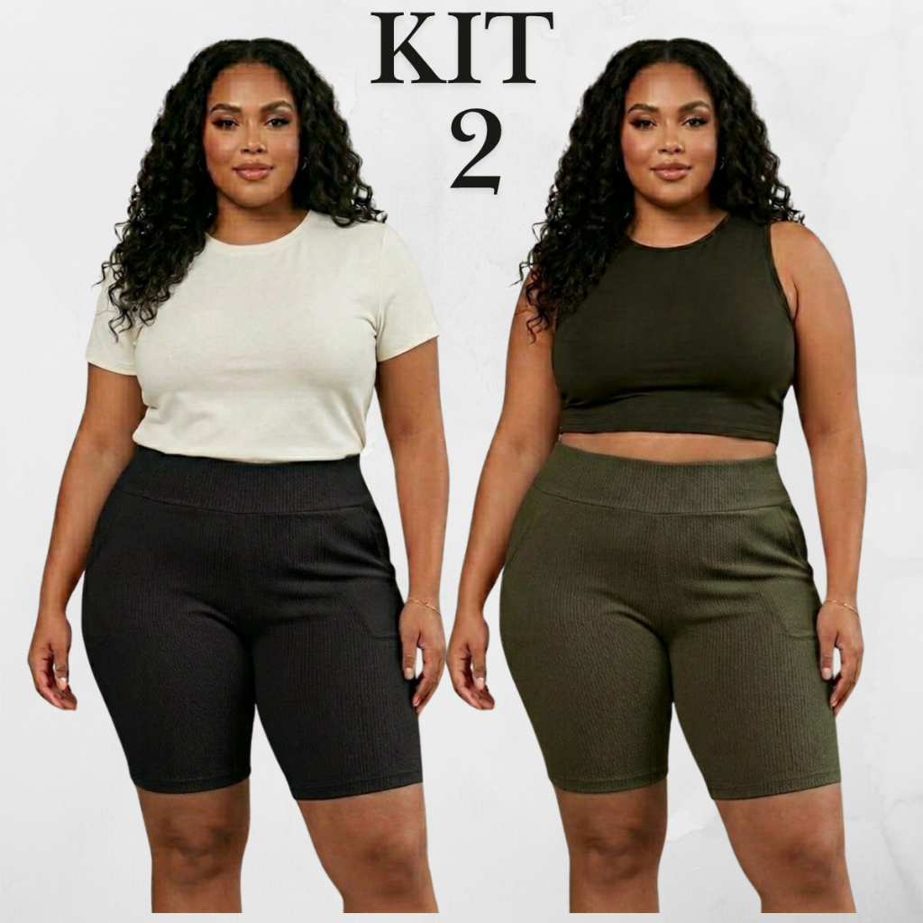 Kit 2 Bermudas Feminina Bolso Malha Cintura Alta Short Cumprido Plus Size Trabalho Academia