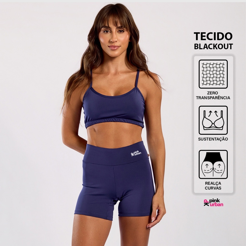 Conjunto Fitness Top Alça e Short Legging Blackout Cós Alto Feminino Liso Básico Academia