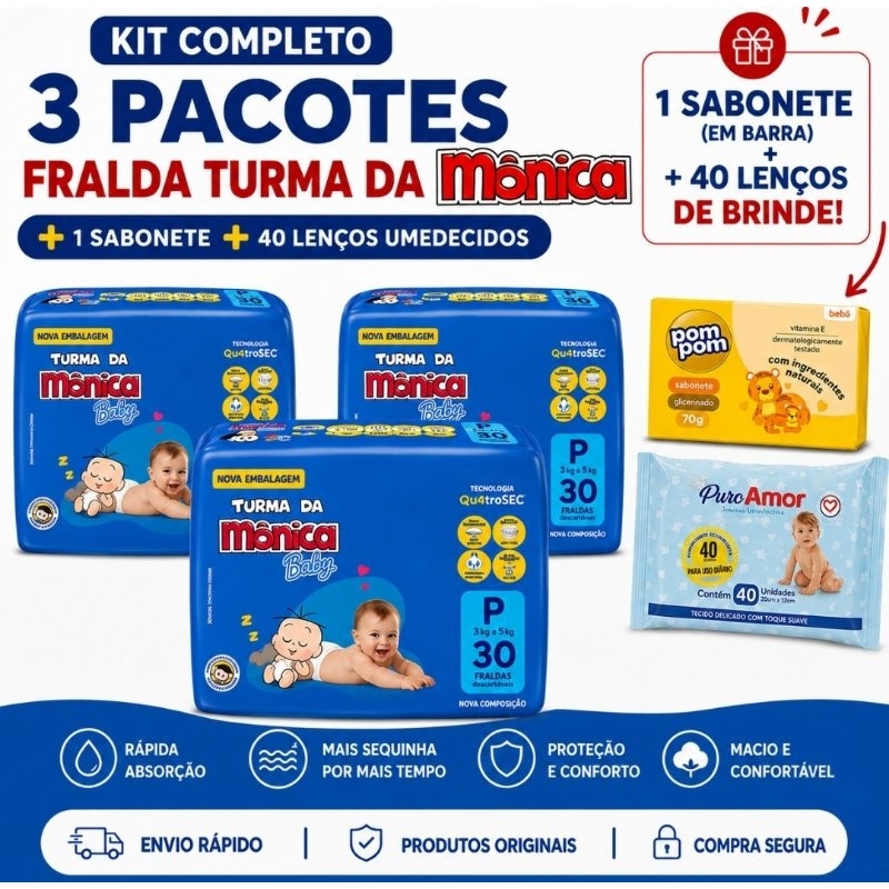 Kit 3 pacotes fralda Turma da Mônica Baby - RN/P/M/G/XG/XXG