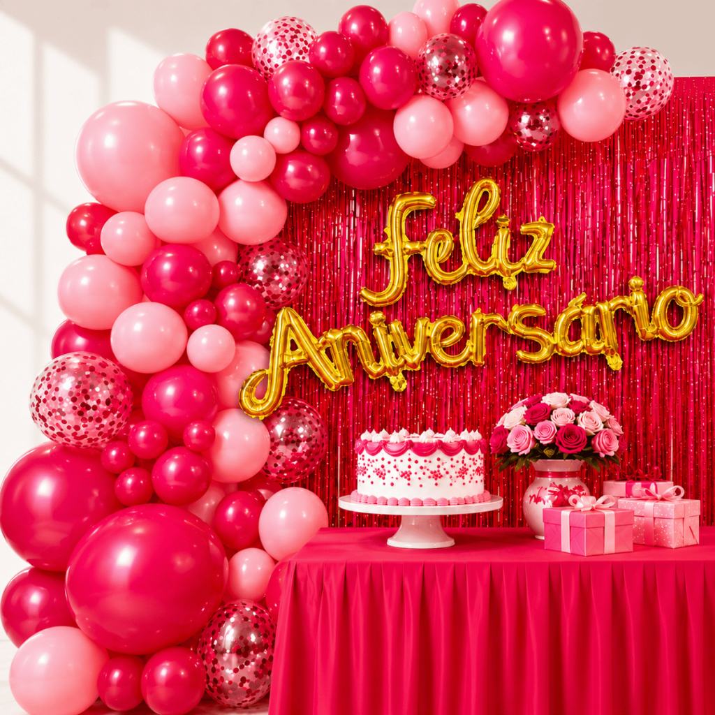 Kit Festa Aniversário 117 Peças com Balões Rosa e Vermelho, Arco de Balões, Cortina Metalizada e Feliz Aniversário