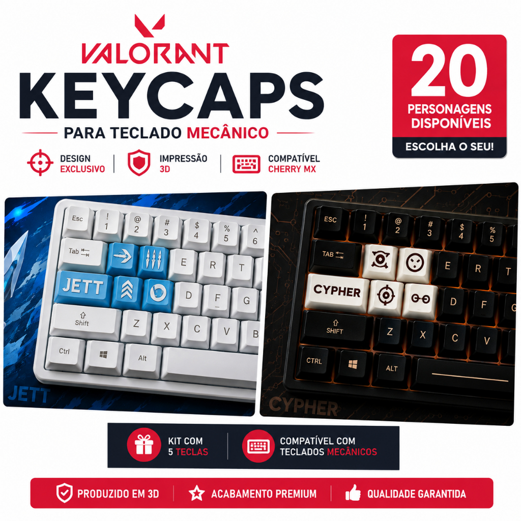Keycaps Valorant para Teclado Mecânico Gamer Cherry MX Kit 5 Teclas - Jett Reyna Sage Phoenix Raze e Outros