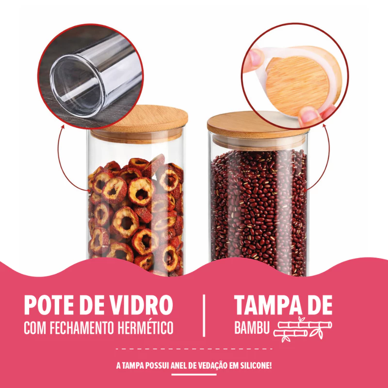 Conjunto com 12 Potes Herméticos de Vidro Tampa de Bambu para Organizar — foto 4