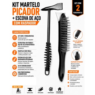Martelo Picador com Mola e Escova de Aço com Raspador para Solda 27cm Profissional