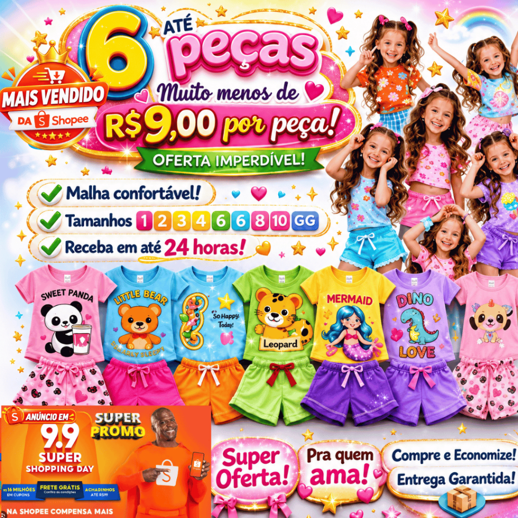 Kit 6 Peças Conjunto Infantil Menina Verão Roupa Confortável Bebê Moda Criança