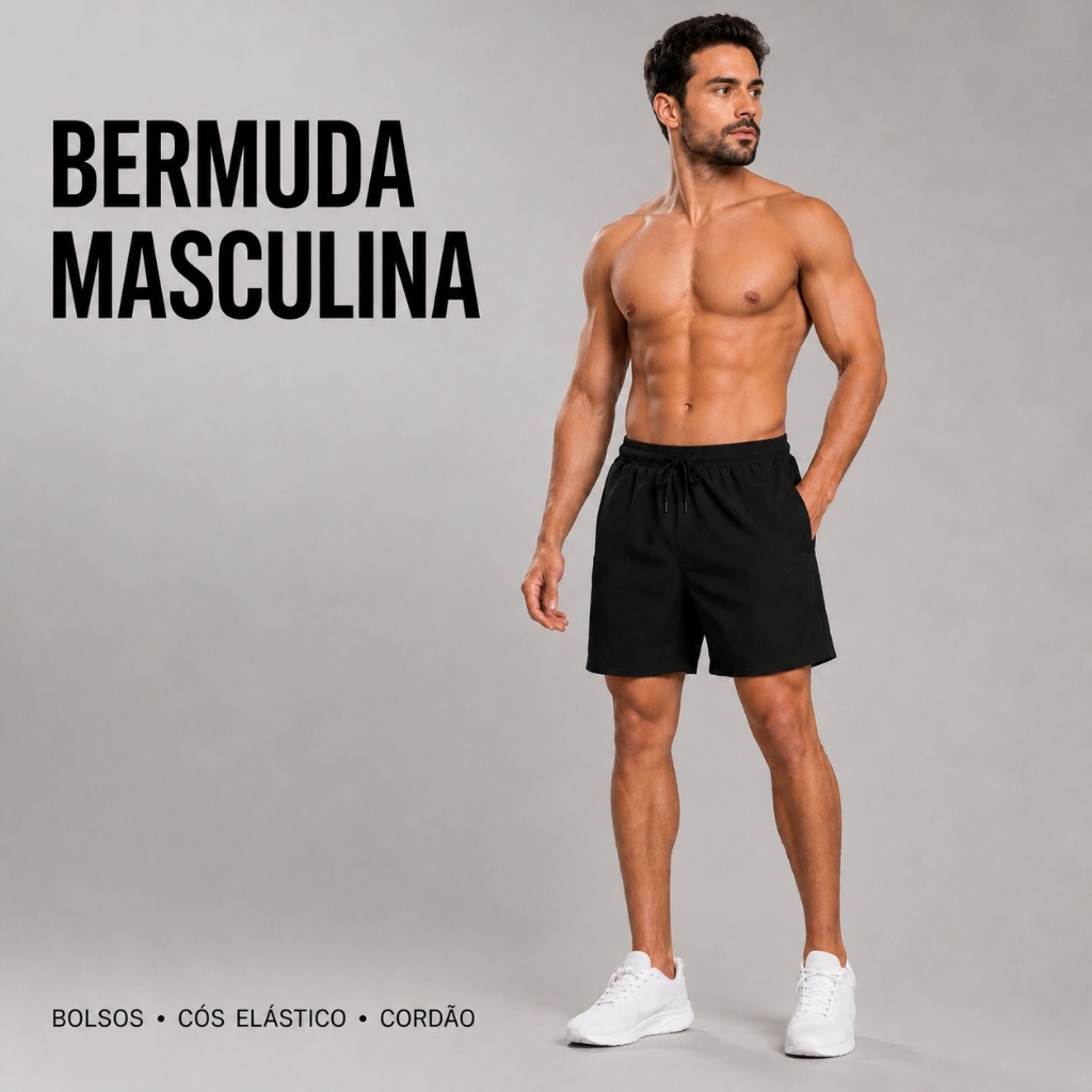 Short Bermudas Masculinas Tactel Elastano com Bolsos Cós Elástico Cordão Academia Praia Casual P ao GG