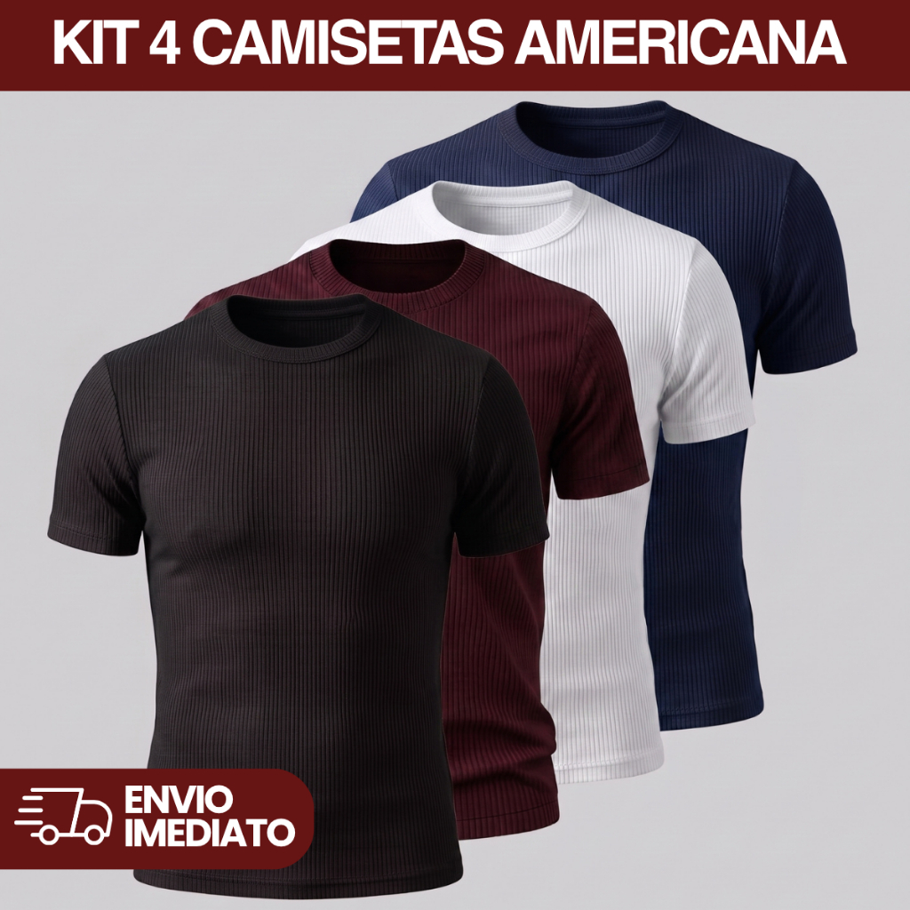 Kit 4 Camiseta Americana Masculina Ribana Canelada Slim Premium Básica Manga Curta Rapper