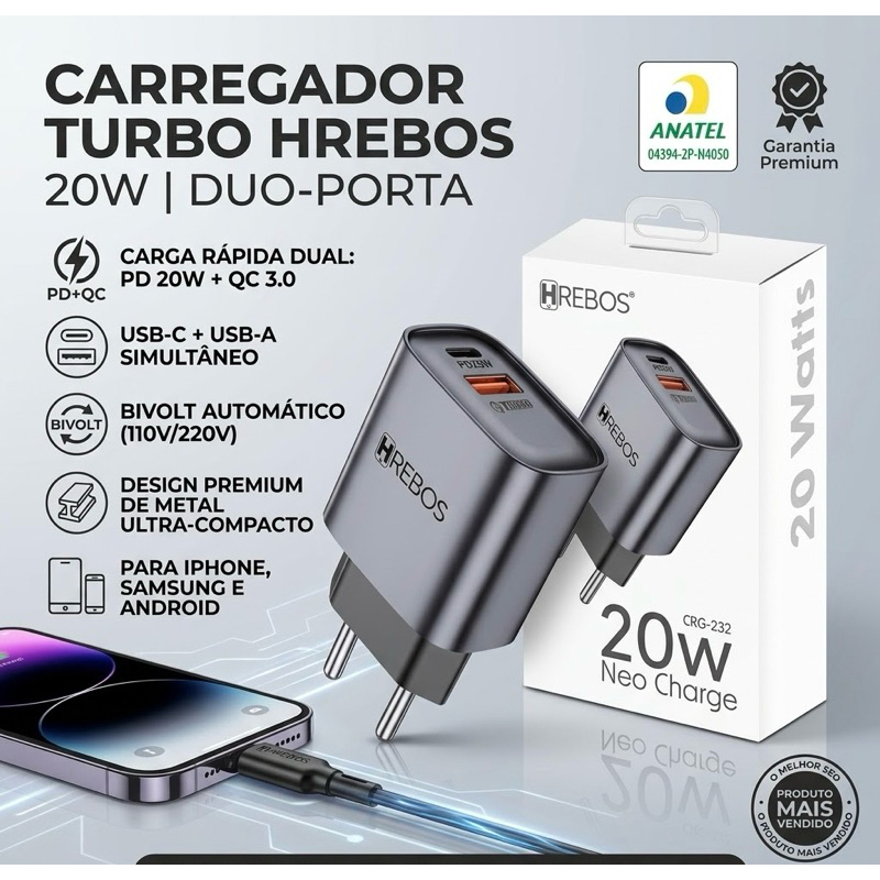 Carregador Turbo 20W Hrebos CRG-232 USB + USB-C PD Carga Rápida Bivolt para iPhone Samsung Android