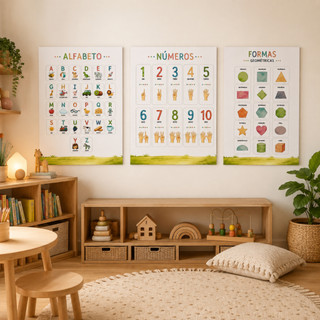 Quadro Educativo Infantil para Quarto Infantil Alfabeto Números e Formas Geométricas