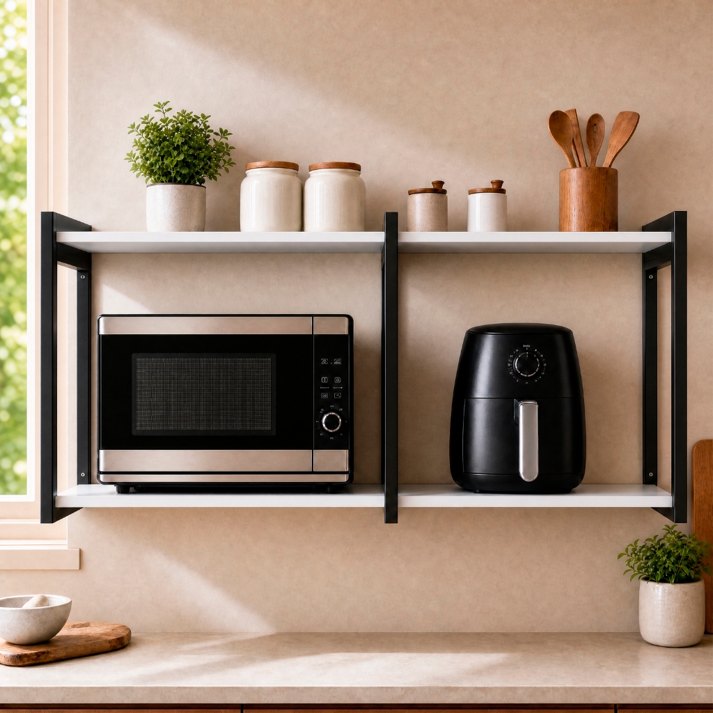 Suporte Duplo Microondas e Air Fryer Grande Industrial Reforçado 50kg Antiferrugem Nicho Cozinha
