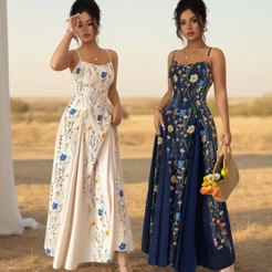 Novo Vestido Longo Elegante de Alças Finas Estampa Floral Fluida para Festas e Encontros Românticos