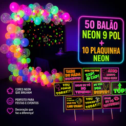 50 Balao Bexiga Neon 9 Pol + 10 Plaquinha Neon Kit Festa Decoração