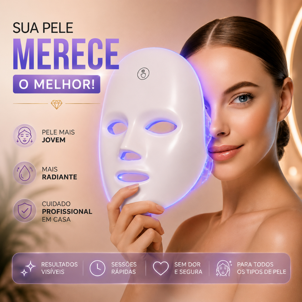 Máscara Facial LED 7 Cores Fototerapia Estética Antiacne Clareamento de Manchas Rejuvenescimento