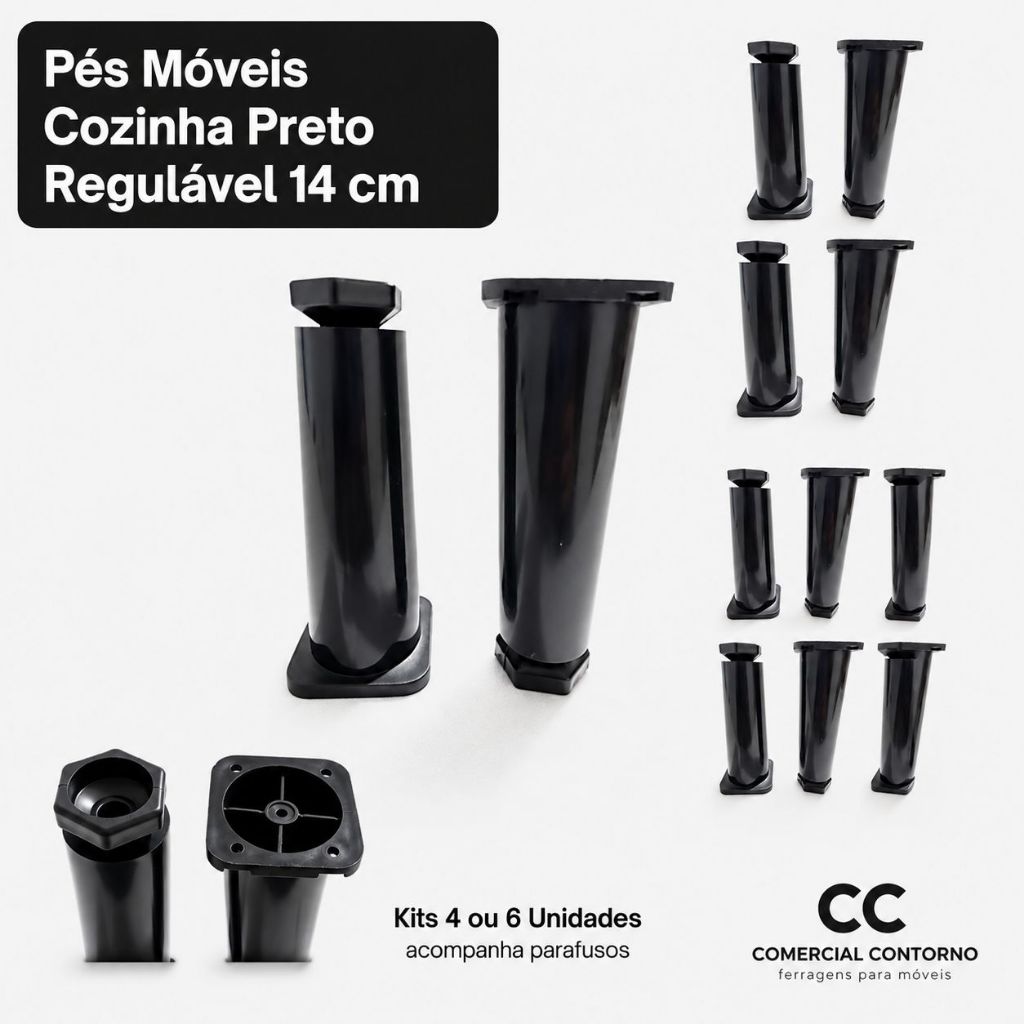 Pés Moveis Cozinha Preto Regulável 14 cm - Kits 4 ou 6 Unidades com Parafusos