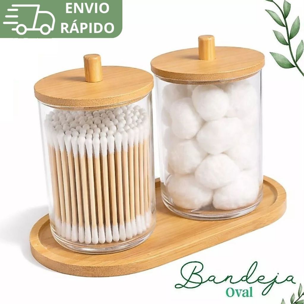 KIT Porta Cotonete Algodão Bambu Lavabo Com Bandeja Organizadores de Bancada Acrilico Transparente