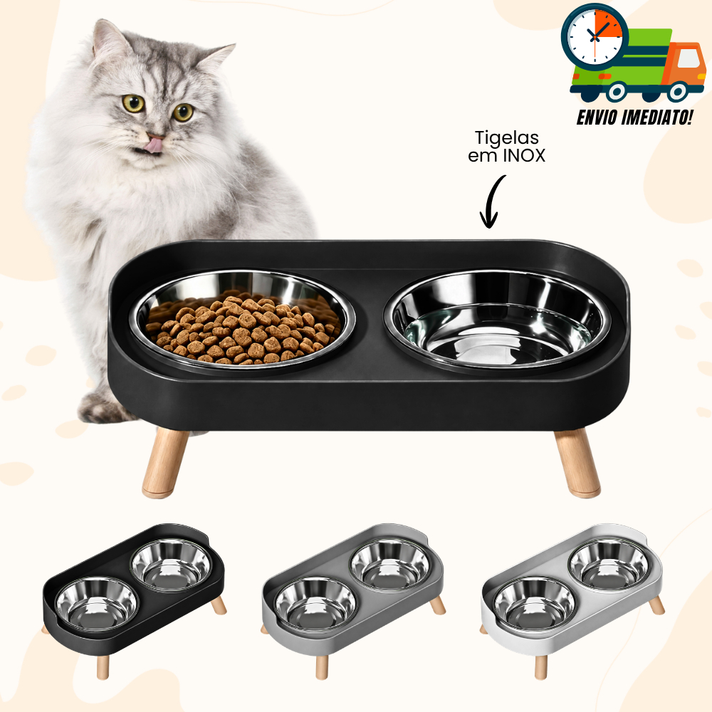 Comedouro e Bebedouro Para Gatos e Cães Tijelas em Inox Elevado Postura Correta