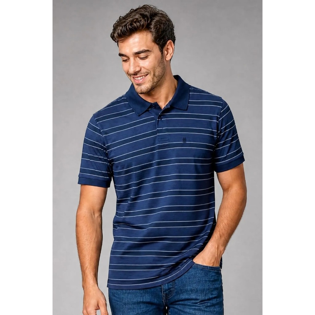 Polo Piquet Masculina Listrada Polo Wear Azul Escuro