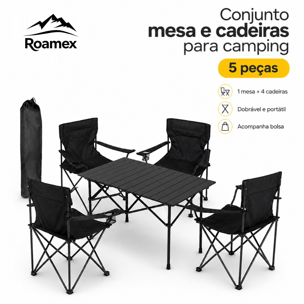 Kit Mesa Dobrável com 4 Cadeiras Camping 5 Peças Portátil com Porta-Copos e Bolsa para Praia Pesca Jardim