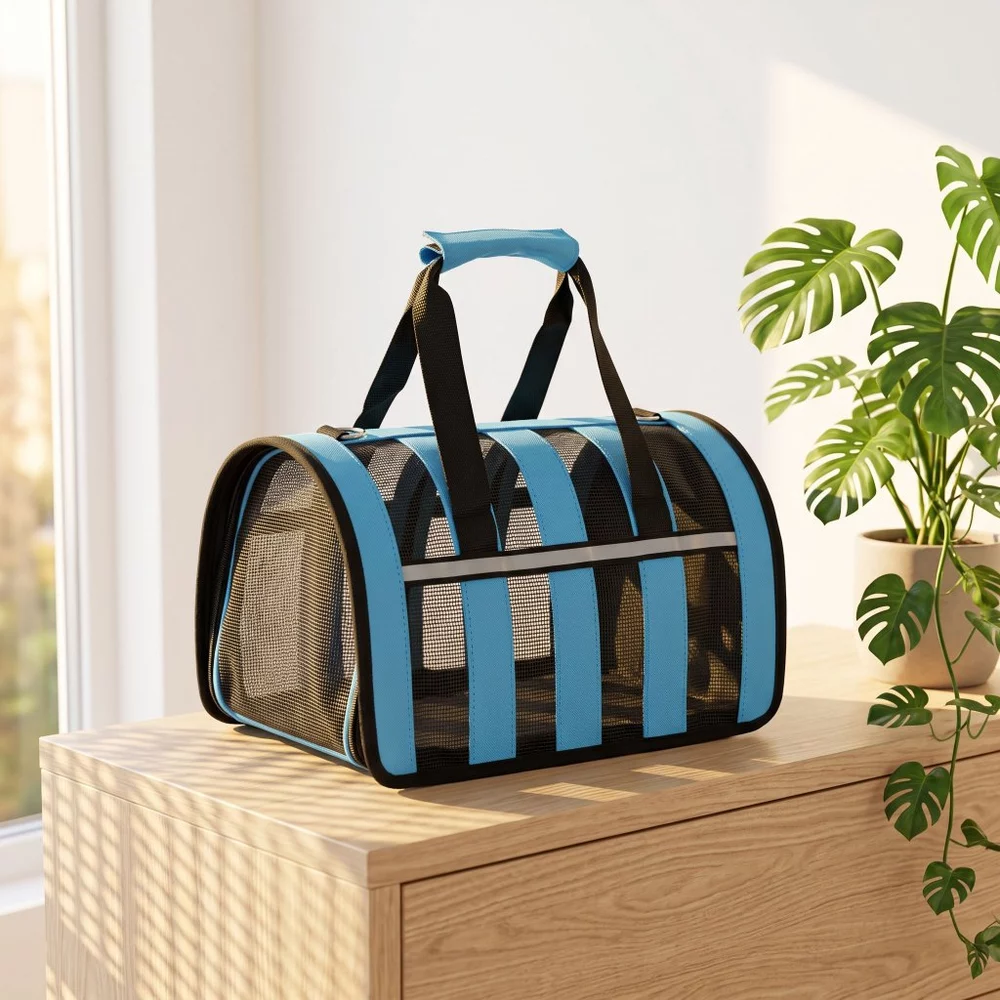 Bolsa de Transporte Dobrável para Pets | Tela Respirável em 3 Lados | Faixa Refletiva para Segurança Noturna | Tecido Ox